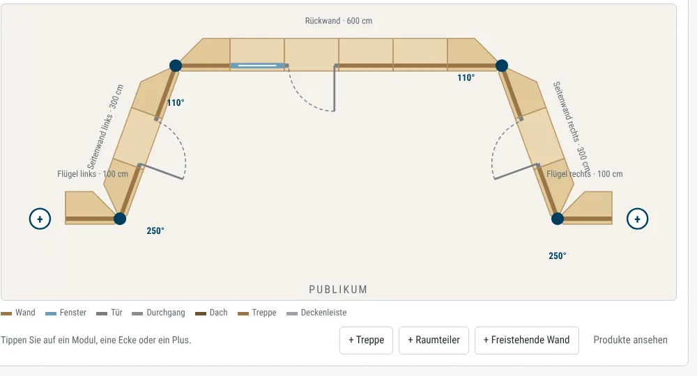 Kulissen-Planer: Draufsicht einer Stube mit Seitenwänden, Türen und Fenster